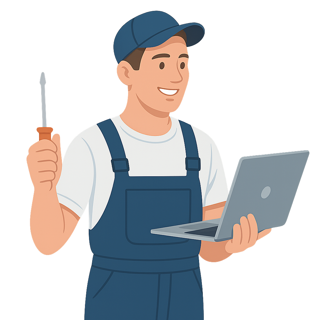 Компьютерный мастер IT Corner в Курске держит ноутбук и инструмент